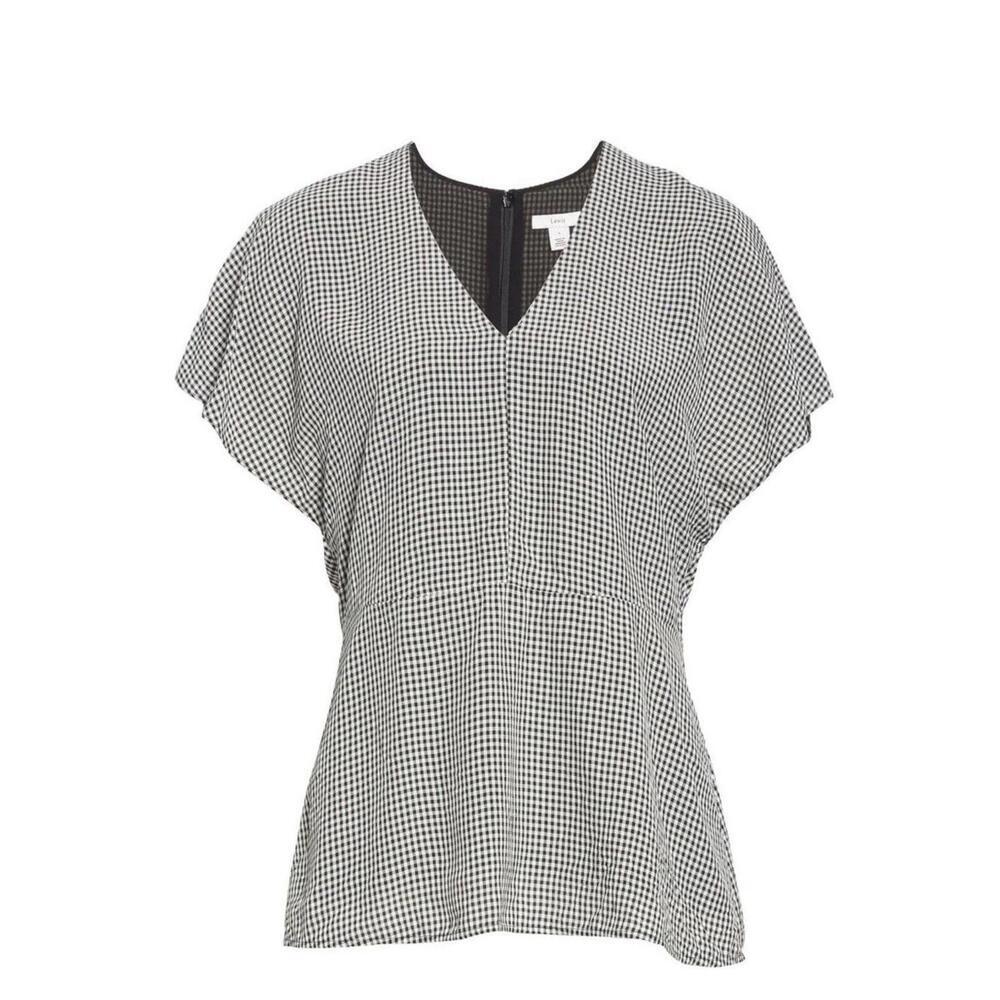 LEWIT Womens Gingham V Neck Top Flutter Sleeve Size XL Black White